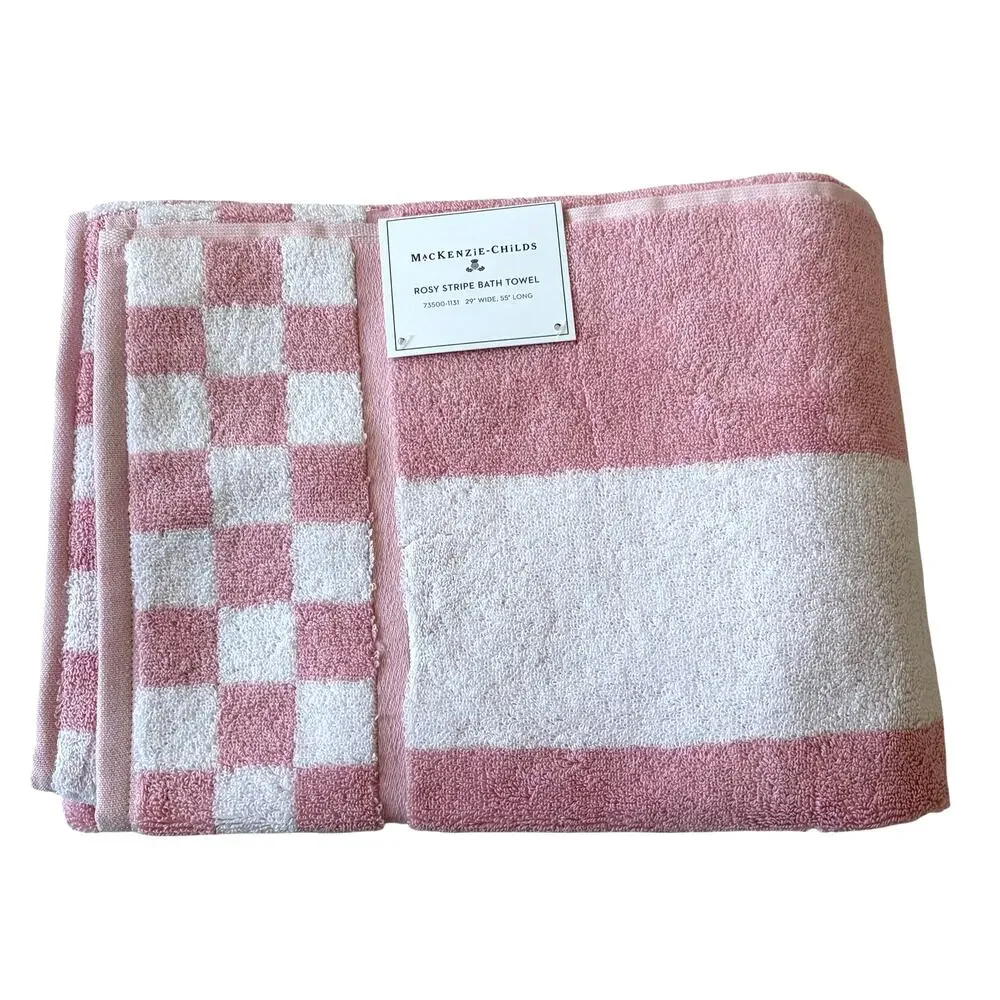 NEW Mackenzie-Childs Cotton Bath Towel with Rosy Check Border